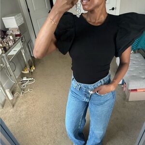 Black Ruffle Sleeve Bodysuit Blouse